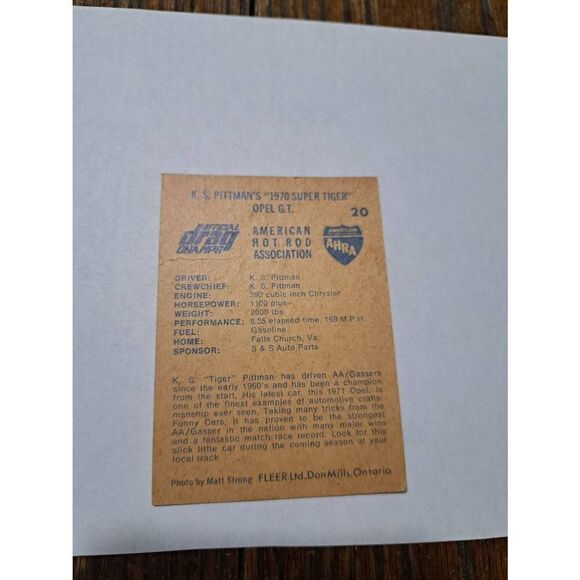 Vintage 1971 KS Pittman Super Tiger Opel GT #20 Fleer AHRA Race Car Trading Card - Picture 2 of 2